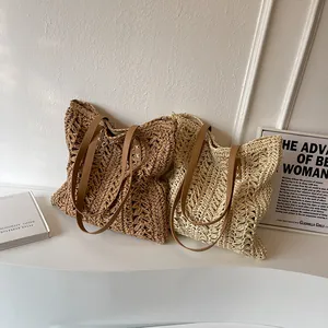 Large capacity straw woven tote bag with leather straps for beach holidays and summer