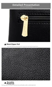 Close-up of litchi texture leather and premium gold metal zipper on black shoulder bag