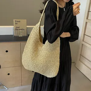 Large capacity woven straw shoulder bag in beige for casual daily and vacation use