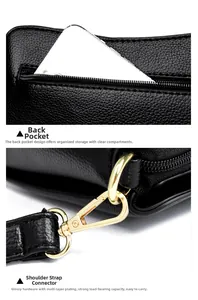 Detail of black litchi leather bag showing rear zipper pocket and gold metal hardware