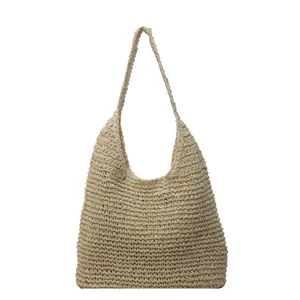 Large capacity woven straw tote bag with wide shoulder straps in cream white finish