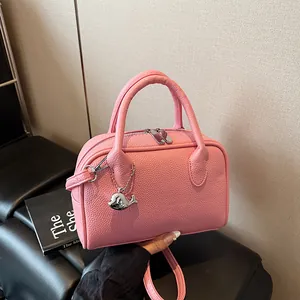 Women Litchi Grain PU Leather Boston Handbag Urban Double Zipper Shoulder Crossbody Bag With Metal Whale Pendant