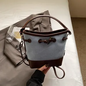 Borsa a Secchiello in Tela Patchwork Casual da Donna Con Bottone ad Alamaro Coulisse Borsa a Mano Tracolla Singola Pendolare