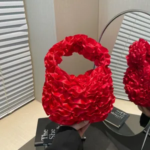 Elegant Satin Ruffled Handbag Women Sweet Flower Pleated Top Handle Bag Solid Color Chic Evening Party Clutch Bag