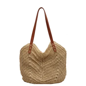Sac à bandoulière rétro en paille tressée à la main avec sangle en cuir marron