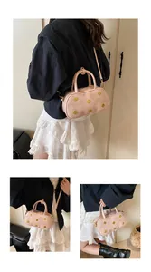 Collage showing pink Boston bag with metal studs worn by model from different angles