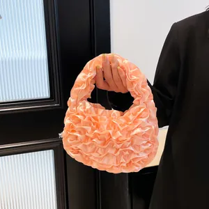 Pink satin ruffles handbag for women featuring a 2025 trendy pleats hobo mini style
