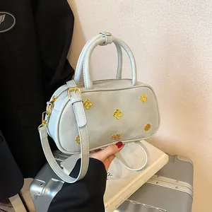Vintage PU Leather Boston Handbag For Women Flower Rivets Urban Simple Commuting Shoulder Bag Small Square Crossbody Bag
