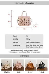 Detailed view of patterned mini tote bag dimensions and PU leather strap specifications