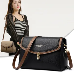Women Retro Lychee Grain PU Leather Crossbody Bag Gold Metal Lock Stitching Contrast Color Shoulder Bag Elegant Casual Daily Small Square Handbag