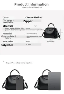 Größenvergleichstabelle der schwarzen Handtasche aus Leder neben einem iPad mini