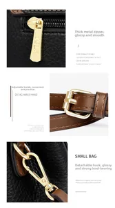 Detail of high-quality metal zippers and adjustable buckles on a faux leather square bag