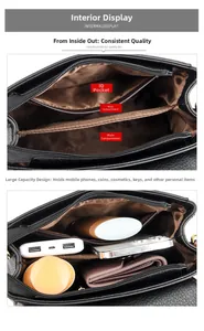 Detail view of large capacity black leather crossbody bag with multiple inner compartments