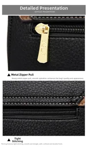 Close-up of golden YGLP zipper and precision contrast stitching on black lychee leather