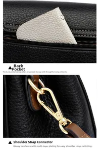 Detail of lychee pattern leather handbag with back zipper pocket and gold metal strap buckle