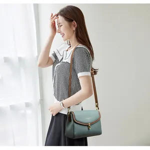 Sage green square crossbody bag with brown leather trim and golden metal twist lock