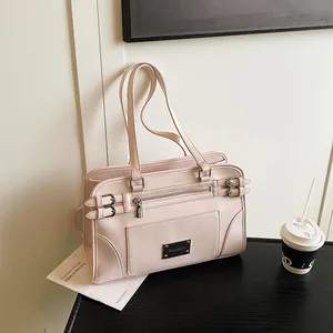 Fashion Women Large Capacity PU Leather Tote Bag Minimalist Shoulder Bag Solid Color Casual Handbag With Metal Buckle