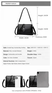 Detailed size chart of black lychee grain handbag with dimensions and internal pockets