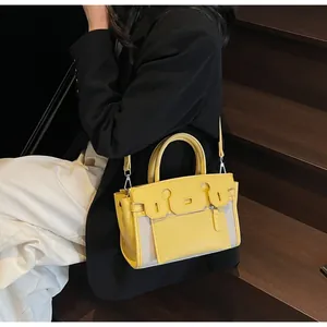 Yellow canvas and leather patchwork women shoulder bag chic retro crossbody handbag style