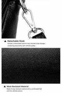 Detail of silver detachable metal hook and durable pebble grain leather texture