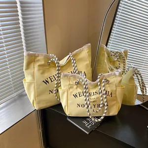 Sac Fourre-Tout en Toile pour Femmes Imprimé Lettre Grande Capacité Poignée en Corde Tressée Poches Latérales Sac à Main Casual