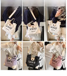 Collage of model carrying canvas tote bags in white, purple, black and pink colors