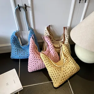 Fashion woven hollow tote bag in blue pink and yellow colors for beach vacation use