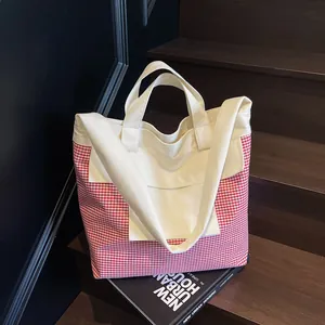 Large Capacity Canvas Tote Bag Women Fashion Striped Plaid Shoulder Bag Urban Style Handbag For Daily Commuting Shopping