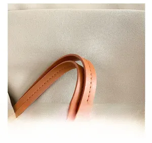 Nahaufnahme des braunen Leder-Schultergurts und der beigen Webstoff-Details an der Handtasche