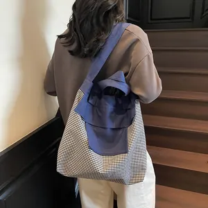 Fashionable blue plaid tote bag with large capacity and stylish ruffled shoulder strap