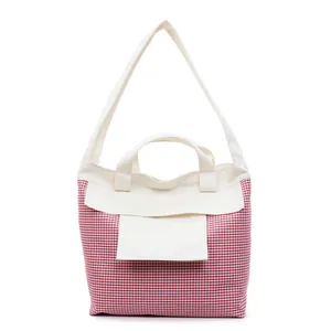 Fashion striped canvas tote bag with red grid pattern and large shoulder strap