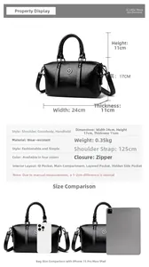 Detailed size specifications for the black Boston bag with dimension comparisons