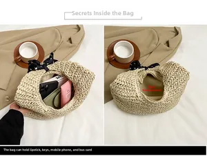 Detail of straw woven bag interior showing capacity for phone and lipstick with silk scarf