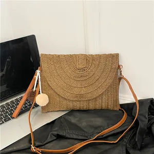Women Bohemian Straw Woven Envelope Crossbody Bag Handmade Beach Vacation Shoulder Clutch With Pom-Pom Decor Fashion Flip Bag