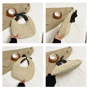 Detail shots of a beige handmade straw handbag with polka dot silk scarf handle decor