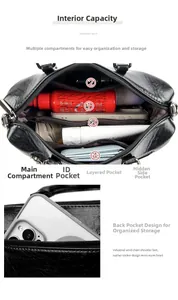 Detailed interior of a soft black leather tote bag with multiple compartments and pockets