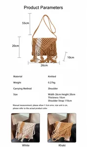 Detailed size chart and technical specs for Bohemian woven bag with tassel trim