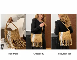 Three-way woven macrame tassel bag showing handbag, crossbody, and shoulder styles