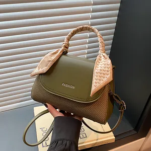 Women Spliced PU Leather Handbag With Satin Scarf Handle Fashion Letter Print Small Square Shoulder Bag Casual Crossbody Bag