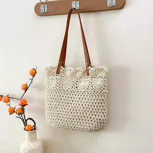 Damen Casual Strohgewebe Tote Tasche Mit PU Leder Riemen Gehäkelte Blumen Hohl Aus Strand Urlaub Schultertasche Große Kapazität