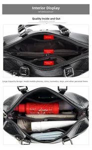 Detail view of the black leather bag interior with multiple compartments and pockets