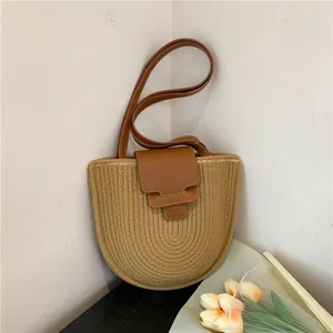 Damen Stroh Gewebt Schultertasche Böhmisch Strand Tote Bag Mit PU Leder Cover Kordelzug Casual Shopping Handtasche Sommer Urlaub