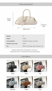 Detailed chart showing Boston bag dimensions 25x12x7cm and variety of available colors