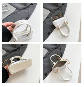 Detailed views of a mini sequin shell bag with snake pattern and gold chain strap
