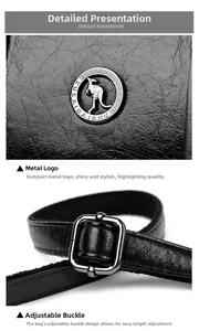 Close-up of black lychee leather handbag featuring silver kangaroo logo and adjustable strap