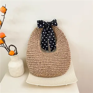 Women's Straw Woven Underarm Bag Summer Beach Handbag With Polka Dot Silk Scarf Bow Trendy Casual Hobo Shoulder Bag