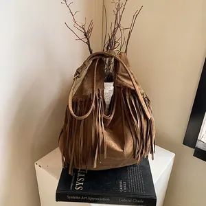 Bohemian Vintage Suede Tassel Hobo Bag For Women Brown Large Capacity Casual Single Shoulder Crossbody Bag Adjustable Strap