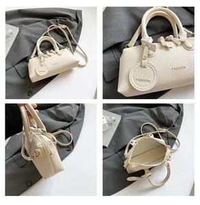 Macro details of beige pebble grain leather tote bag with fashion tag and inner structure