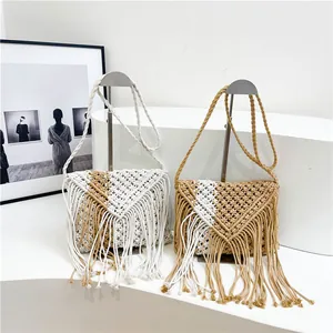 Bohemian fringe woven shoulder bag with cotton rope tassel and stylish contrast design