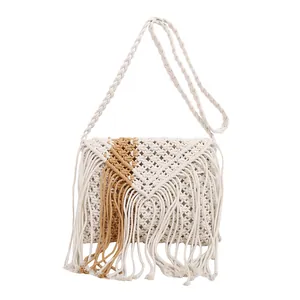 Bohemian fringe woven crossbody bag in beige and brown for beach vacations